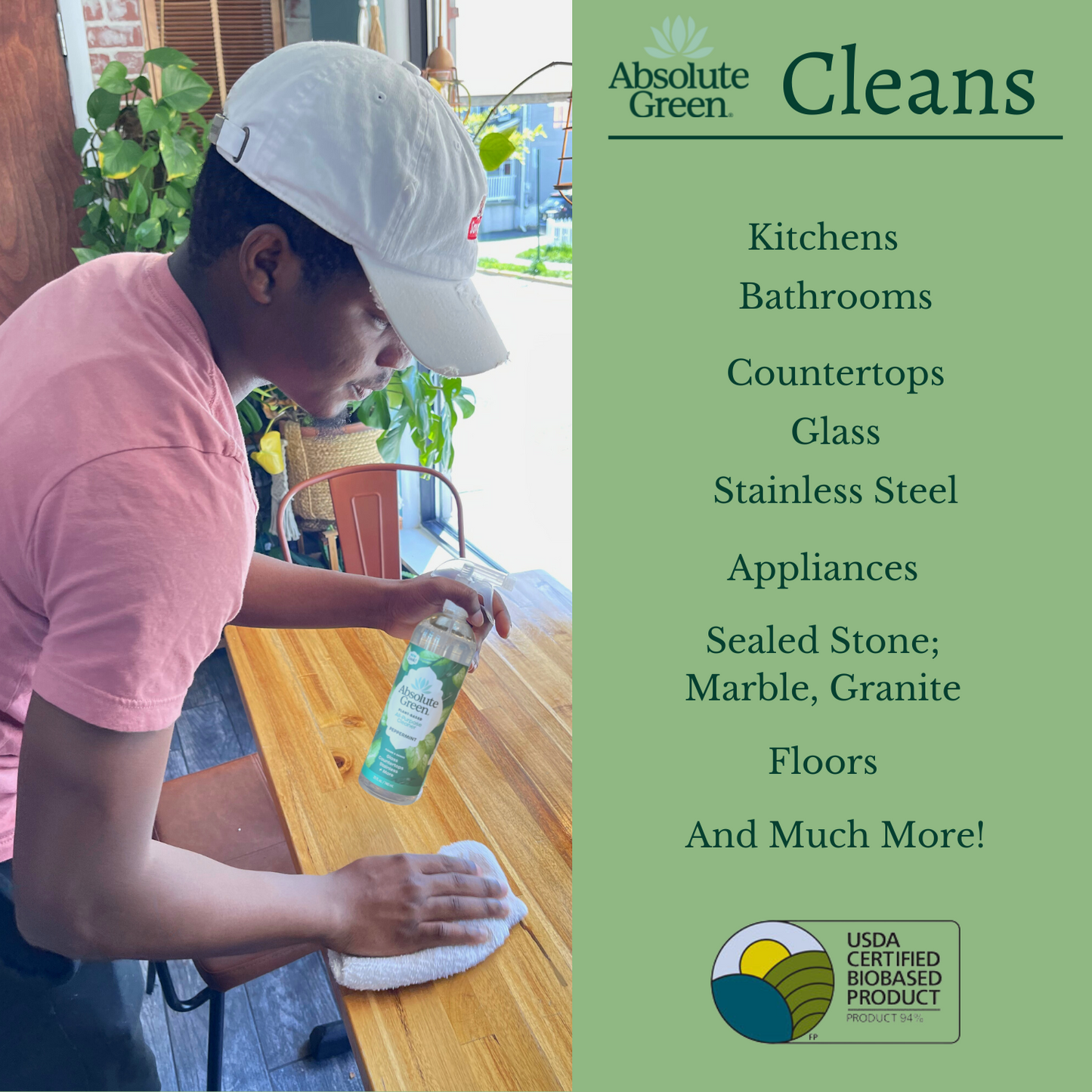 Absolute Green Peppermint All-Purpose Cleaner has many uses, kitchen, bathroom, countertops, stainless steel, glass and more USDA BioBased Certified