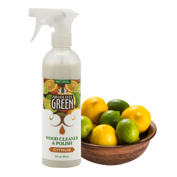 Absolute Green Citrus Wood Cleaner and Polish has a fresh lemon-lime scent. 100% natural essential oils and sustainably sourced carnuaba wax.
