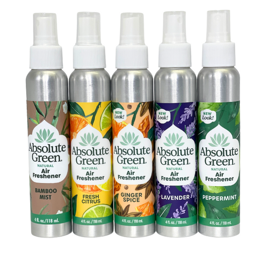 Absolute Green Air Freshener Variety Pack of 5. 100% natural, Made witn pure essentil oils.Bamboo MIst,Fresh Citrus, Ginger Spice, Lavender, Peppermint Guaranteed to bring some great scents to your space. Odor Eliminator, Kid and Pets Safe 4oz Spray 