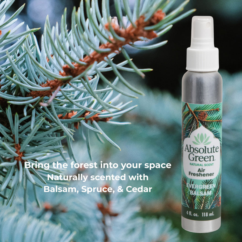 A bottle of Absolute Green Natural Scents Evergreen Balsam air freshener stands on the right against a blurred background of blue-green evergreen branches. White text on the left reads, 'Bring the forest into your space Naturally scented with Balsam, Spruce, & Cedar.