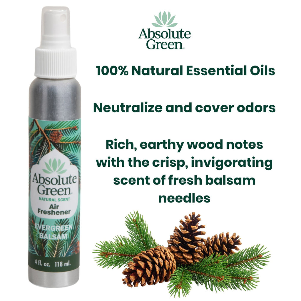 Absolute Green Evergreen Balsam air freshener spray bottle on a white background with product text and pinecone/evergreen illustrations.