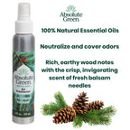 Absolute Green Evergreen Balsam air freshener spray bottle on a white background with product text and pinecone/evergreen illustrations.