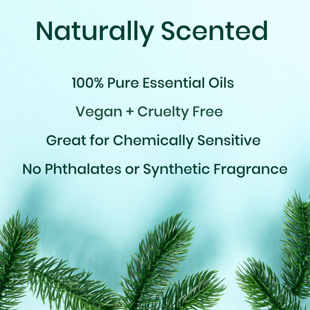 A promotional graphic with the text 'Naturally Scented' and several benefit statements about pure essential oils, vegan cruelty-free status, suitability for chemically sensitive individuals, and no phthalates or synthetic fragrance. The background is a soft light aqua gradient with green pine branches along the bottom edge.