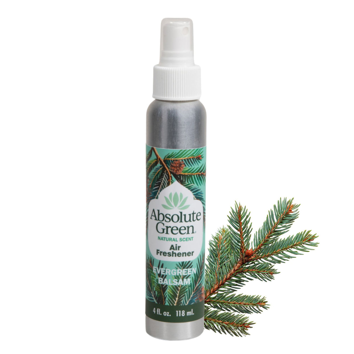 Absolute Green Evergreen Balsam air freshener bottle on a white background. image of pine needles represents natural scents of balsam, cedar and spruce