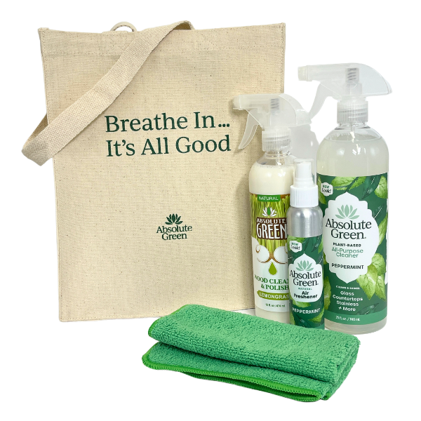 Absolute Green Pleasantly Peppermint Gift Set. A healthy natural set for mint lovers with air freshener, all-purpose cleaner, lemongrass wood cleaner, Tote bag, microfiber cloth