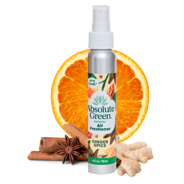 Absolute Green Ginger Spice Air Freshener is all natural, good for covering odors and aromatherapy, people and pet safe, rich cozy scent of  lite ginger, spice and orange essential oils, non-aerosol