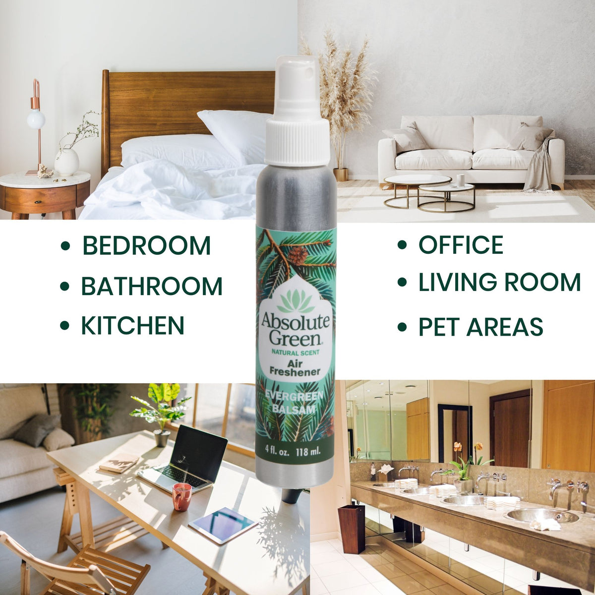 A bottle of Absolute Green Natural Scents Air Freshener is centered over a collage of home interior scenes including a bedroom, living room, office desk, and bathroom. Text on the left and right lists use cases: bedroom, bathroom, kitchen, office, living room, pet areas.