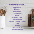 Kitchen scene with text listing uses of all-purpose cleaner on a white tiled wall.