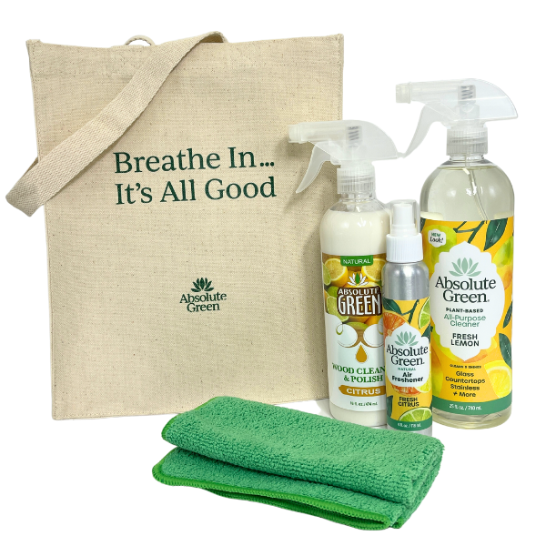 Absolute Green Citrus Lovers Healthy Home Gift Set contains Natural air freshener, Citrus Wood Cleaner, All-Purpose Cleaner, Tote Bag & Microfiber cloth