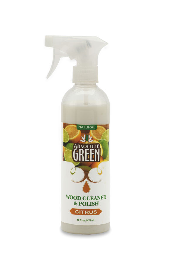 Absolute Green Citrus Wood Cleaner and Polish You'll love polishing your furniture with this 100% natural citrus wood product.  It has a lemony-lime scent.  Each bottle also comes with a microfiber cloth.