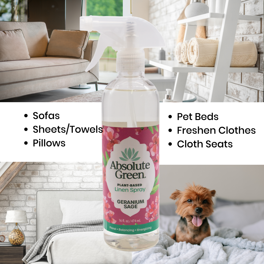 Absolute Green Geranium Sage Linen Spray is great for sofas, sheets, towels, pillows, pet beds, freshen clothes, cloth seats