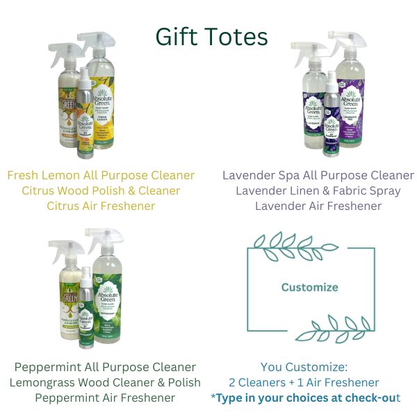 Absolute Green gift sets for first time homeowners, hostess, realtor, thank you or a healthy lifestyle home gift. Each set comes with a canvas tote bag, microfiber cloth and custom gift card.