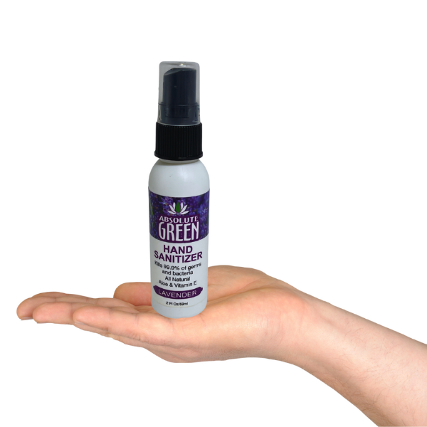 Absolute Green Lavender Hand Sanitizer kills 99.9% germs and bacteria but also has aloe to soften after using. Natural Essential Oil . 2oz pocket size for easy travel use.