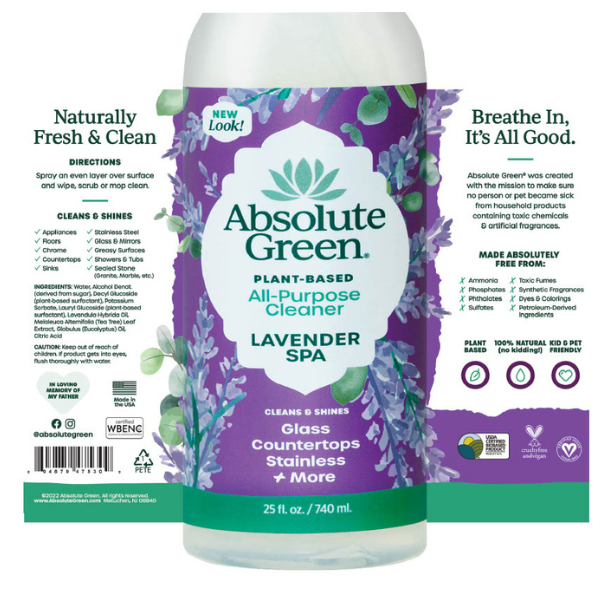 Absolute Green Lavender Spa All-Purpose Cleaner 100% natural and transparent ingredients. plant-based, USDA certified, Vegan