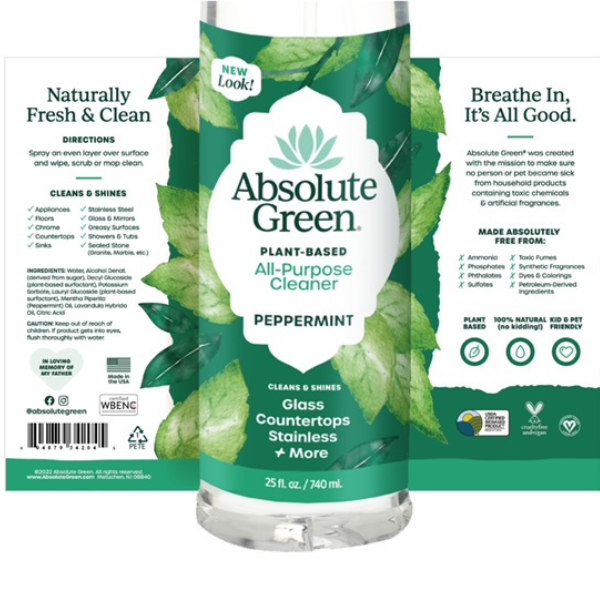Absolute Green Peppermint All-Purpose Cleaner 100% natural and transparent ingredients. plant-based, USDA certified, Vegan