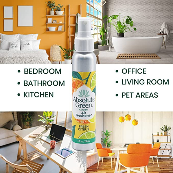 Absolute Green Natural Fresh Citrus Air Freshener is great for use in bedroom, bathroom, kitchen, office. living room, pet areas and cars