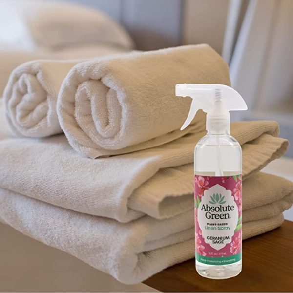 Absolute Green Natural Geranium Sage  Linen Spray is great for scenting sheets and towels. This is a refreshing combination of floral and herb.