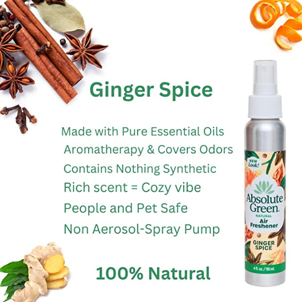 Absolute Green Ginger Spice Air Freshener is all natural, good for covering odors and aromatherapy, people and pet safe, rich cozy vibe, non-aerosol