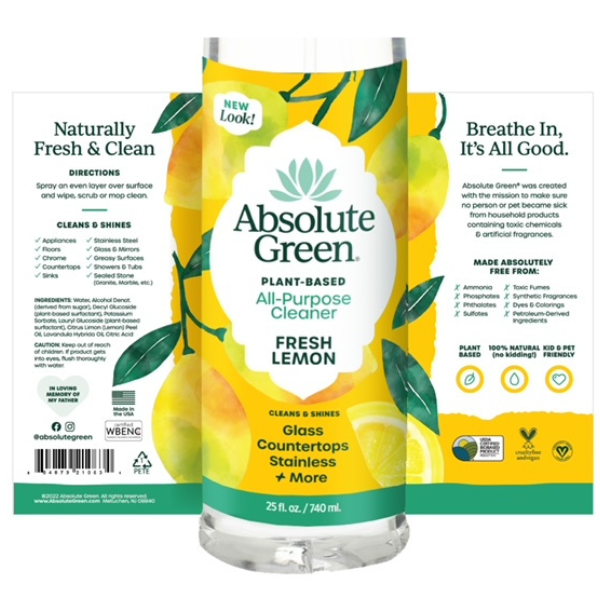 Absolute Green Fresh Lemon All-Purpose Cleaner 100% natural and transparent ingredients, plant-based, USDA certified, Vegan