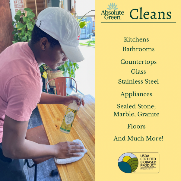 Absolute Green Natural Fresh Lemon Cleaner cleans many surfaces : countertops, glass, stainless steel, kitchens and more